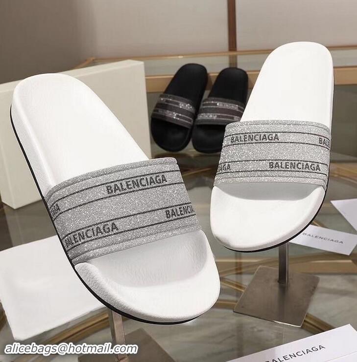 Top Grade Balenciaga Logo Slides Sandals Glitter B95701 White