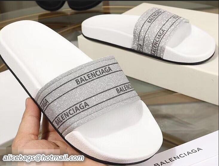 Top Grade Balenciaga Logo Slides Sandals Glitter B95701 White