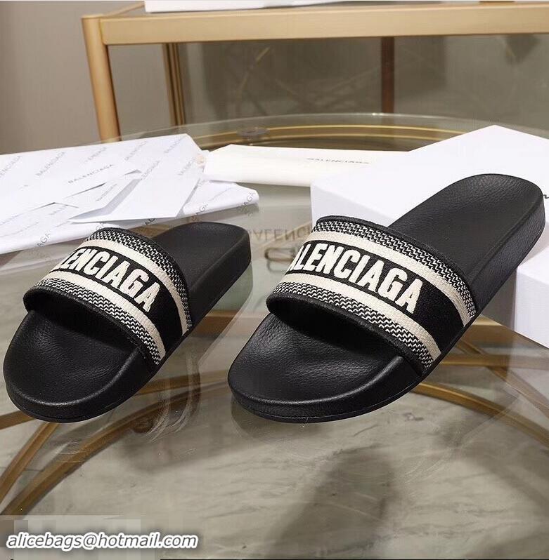 Durable Faux Balenciaga Woven Logo Slides Sandals B95703 Black