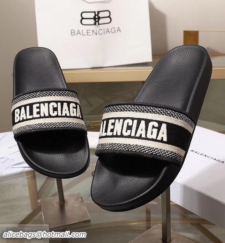 Durable Faux Balenciaga Woven Logo Slides Sandals B95703 Black