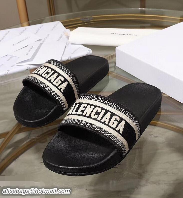 Durable Faux Balenciaga Woven Logo Slides Sandals B95703 Black