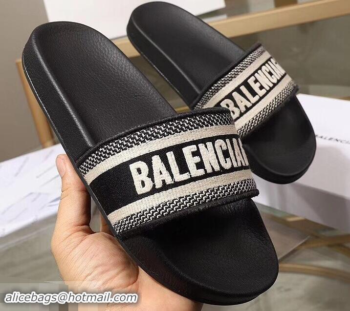 Durable Faux Balenciaga Woven Logo Slides Sandals B95703 Black