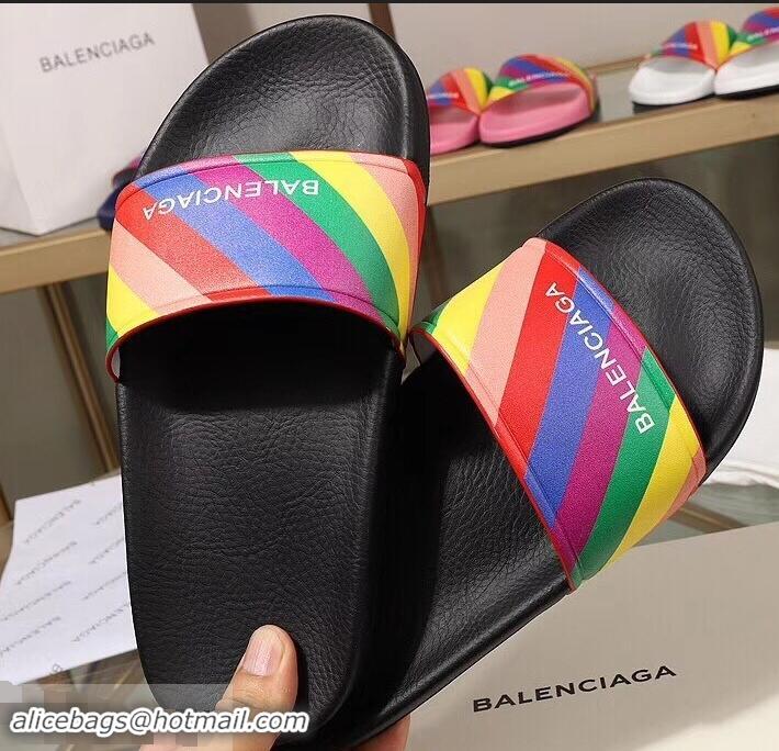 New Style Balenciaga Rainbow Logo Slides Sandals B95707 Black