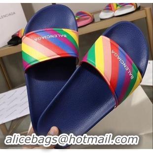 Low Price Balenciaga Rainbow Logo Slides Sandals B95707 Blue