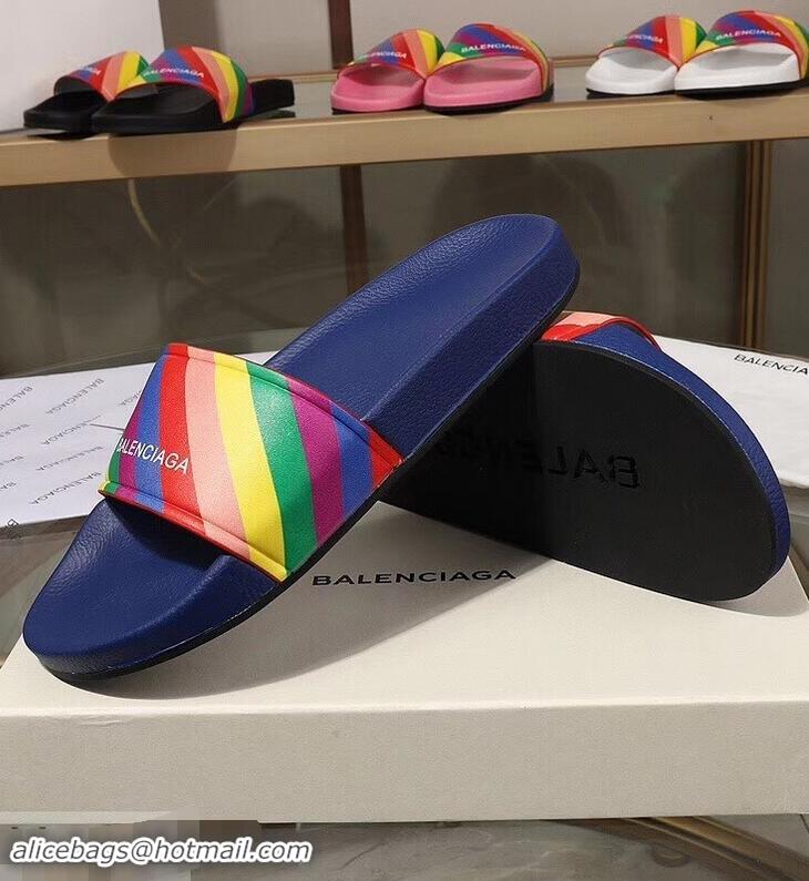 Low Price Balenciaga Rainbow Logo Slides Sandals B95707 Blue