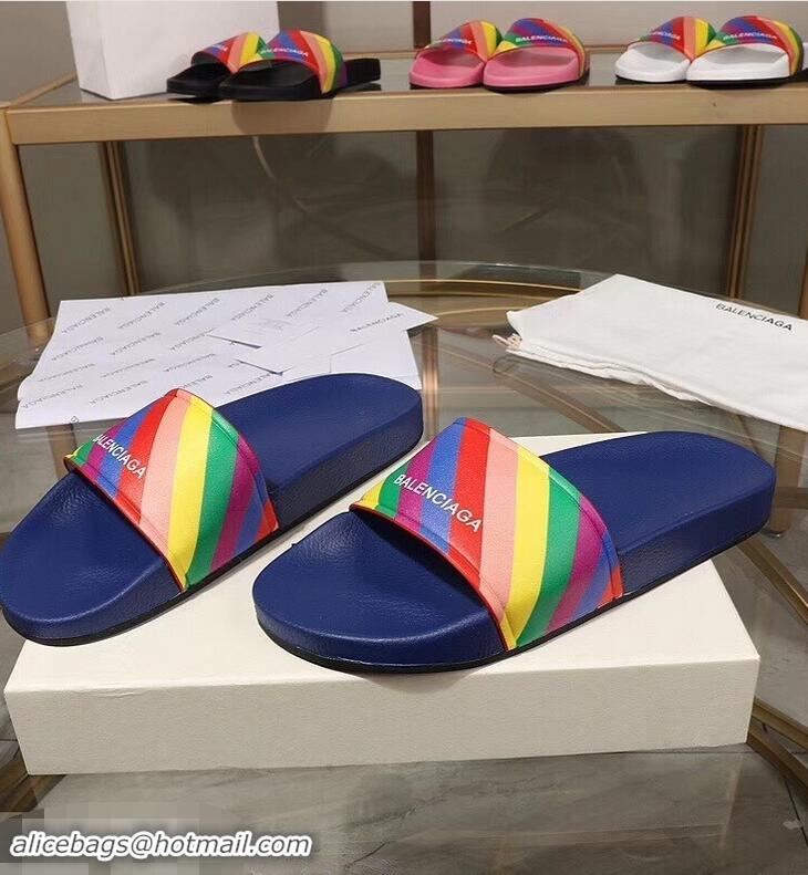 Low Price Balenciaga Rainbow Logo Slides Sandals B95707 Blue