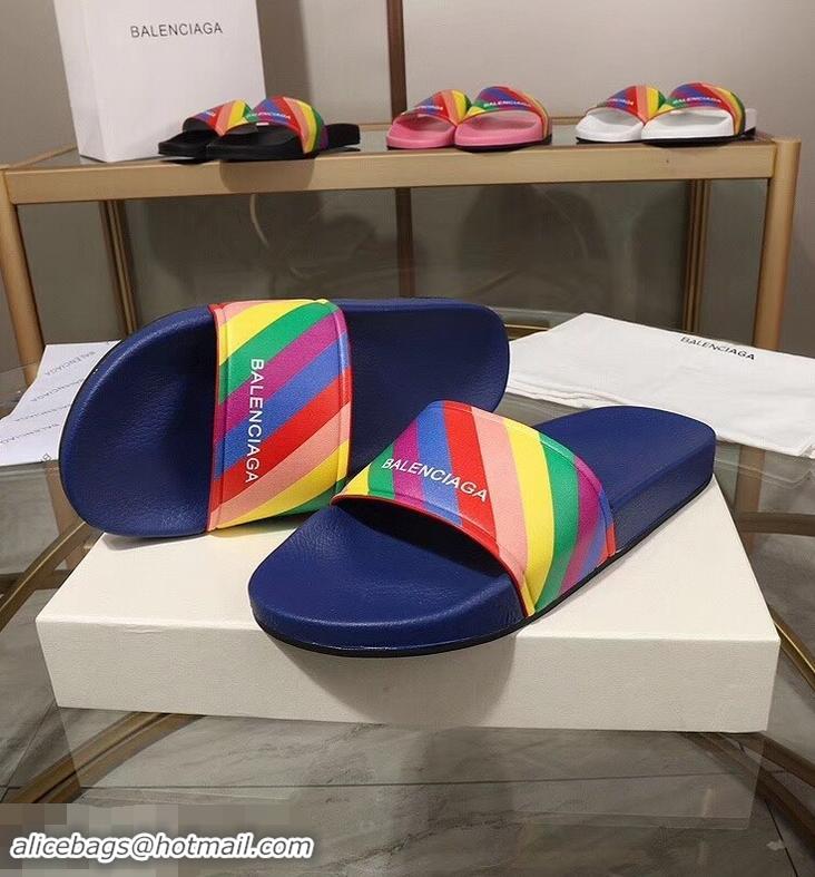 Low Price Balenciaga Rainbow Logo Slides Sandals B95707 Blue