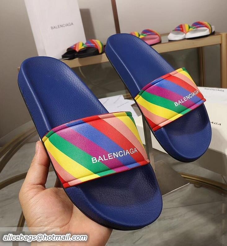 Low Price Balenciaga Rainbow Logo Slides Sandals B95707 Blue