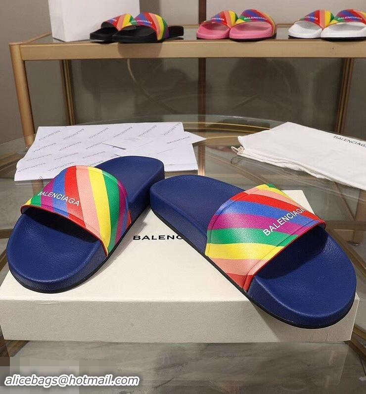 Low Price Balenciaga Rainbow Logo Slides Sandals B95707 Blue