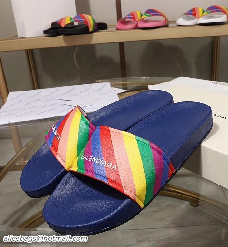 Low Price Balenciaga Rainbow Logo Slides Sandals B95707 Blue