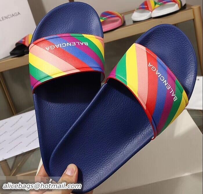 Low Price Balenciaga Rainbow Logo Slides Sandals B95707 Blue