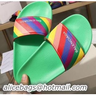 Free Shipping Balenciaga Rainbow Logo Slides Sandals B95707 Green