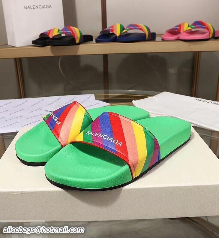 Free Shipping Balenciaga Rainbow Logo Slides Sandals B95707 Green