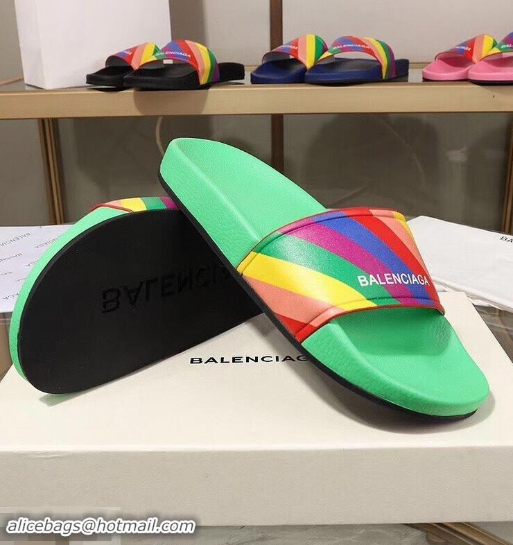 Free Shipping Balenciaga Rainbow Logo Slides Sandals B95707 Green