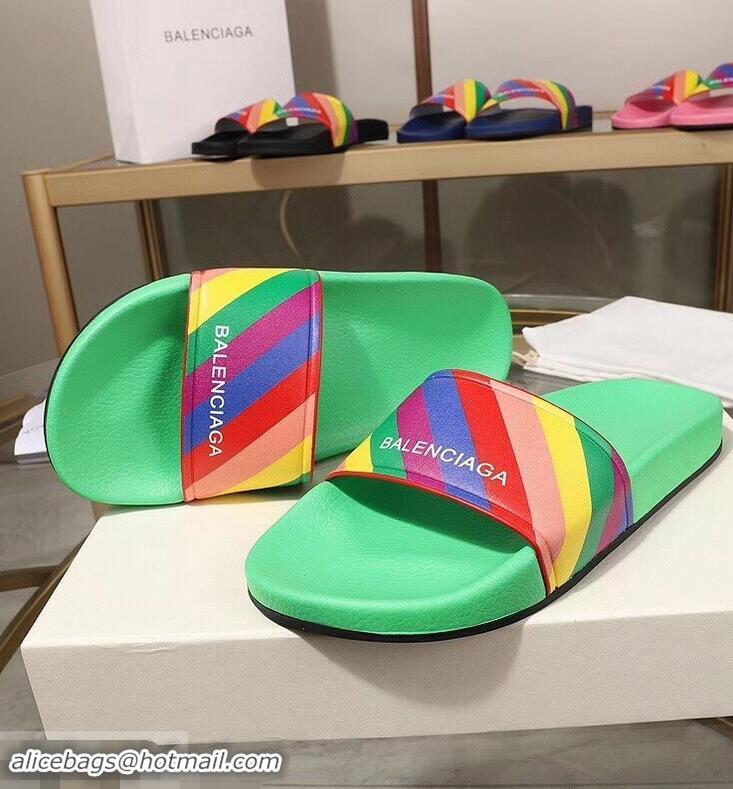 Free Shipping Balenciaga Rainbow Logo Slides Sandals B95707 Green