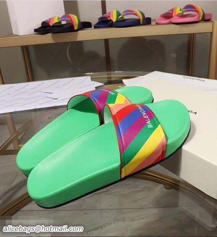 Free Shipping Balenciaga Rainbow Logo Slides Sandals B95707 Green