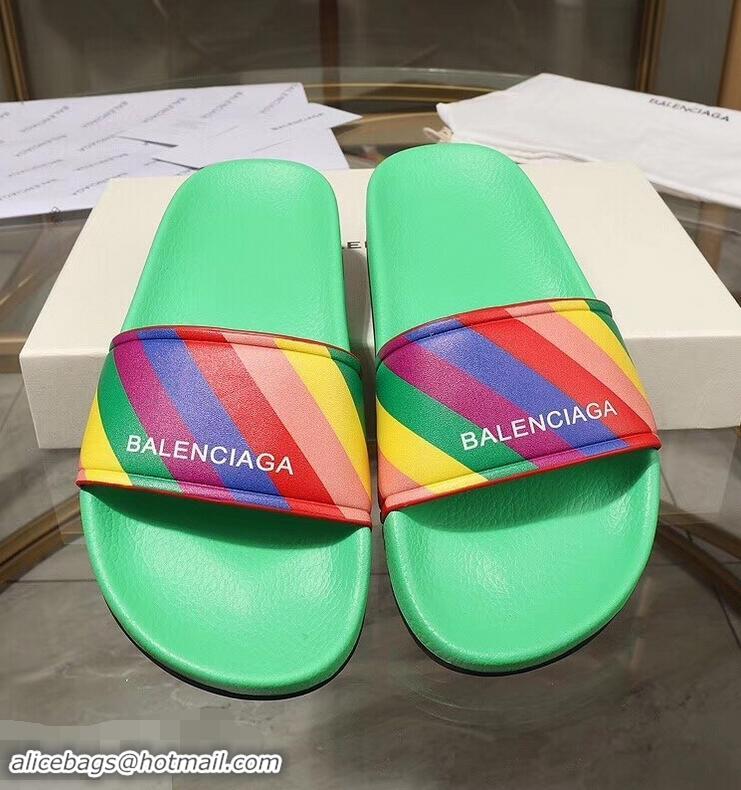 Free Shipping Balenciaga Rainbow Logo Slides Sandals B95707 Green