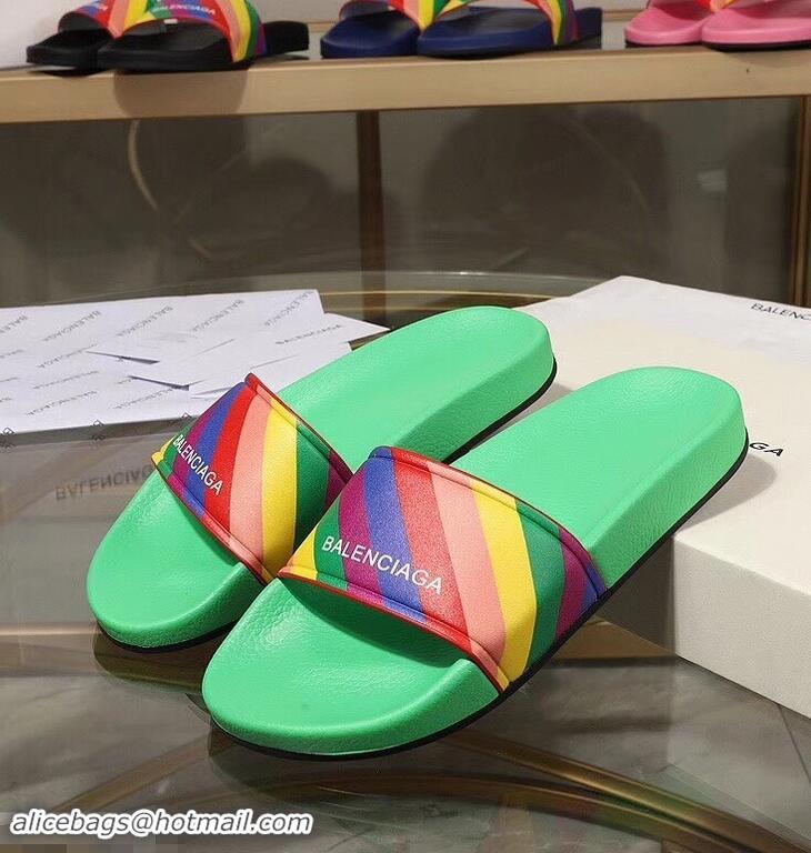 Free Shipping Balenciaga Rainbow Logo Slides Sandals B95707 Green