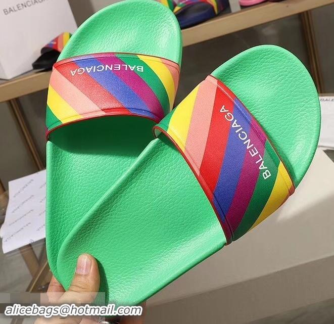 Free Shipping Balenciaga Rainbow Logo Slides Sandals B95707 Green