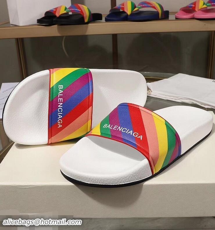 Good Quality Balenciaga Rainbow Logo Slides Sandals B95707 White