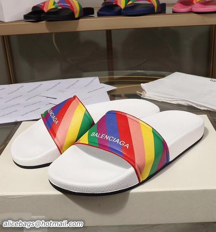 Good Quality Balenciaga Rainbow Logo Slides Sandals B95707 White