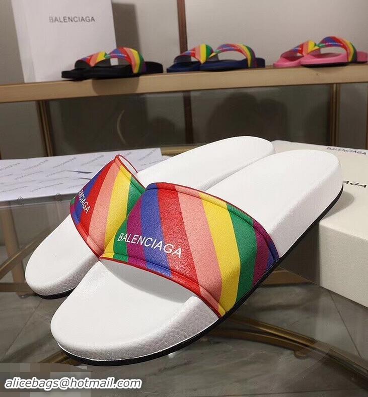 Good Quality Balenciaga Rainbow Logo Slides Sandals B95707 White