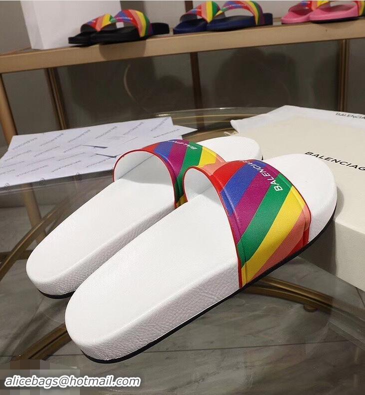 Good Quality Balenciaga Rainbow Logo Slides Sandals B95707 White