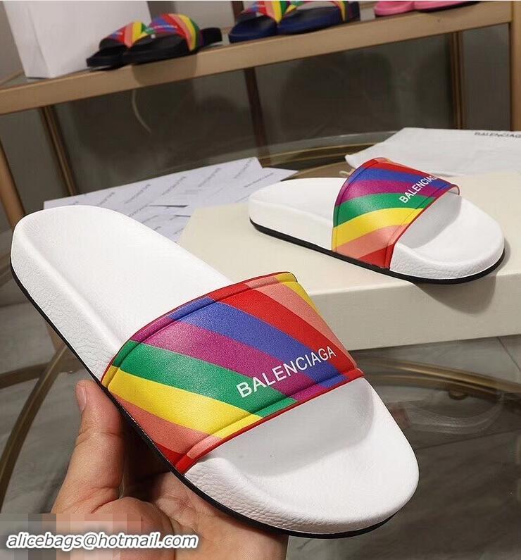 Good Quality Balenciaga Rainbow Logo Slides Sandals B95707 White