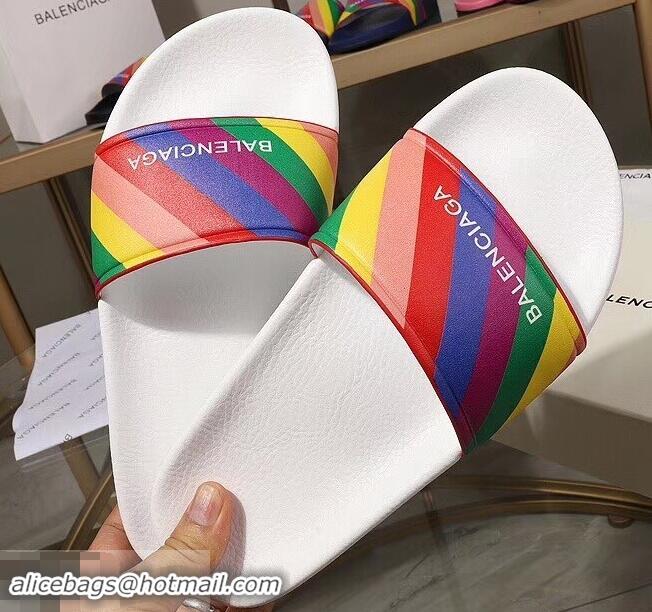 Good Quality Balenciaga Rainbow Logo Slides Sandals B95707 White