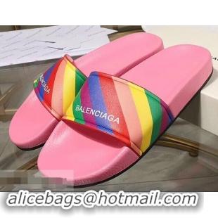 Promotion Balenciaga Rainbow Logo Slides Sandals B95707 Pink