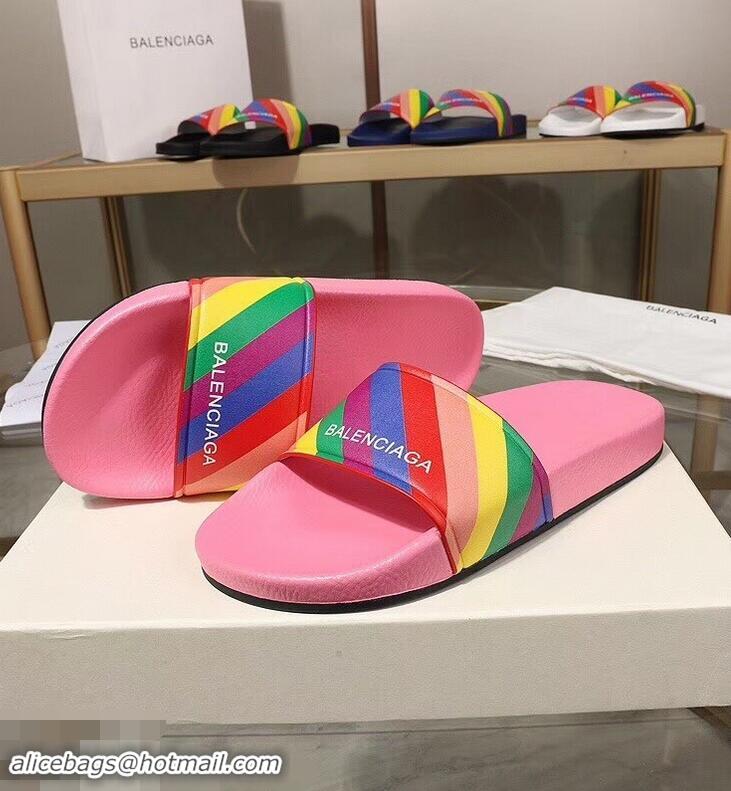 Promotion Balenciaga Rainbow Logo Slides Sandals B95707 Pink