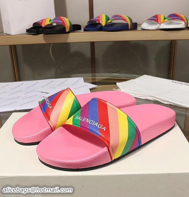 Promotion Balenciaga Rainbow Logo Slides Sandals B95707 Pink