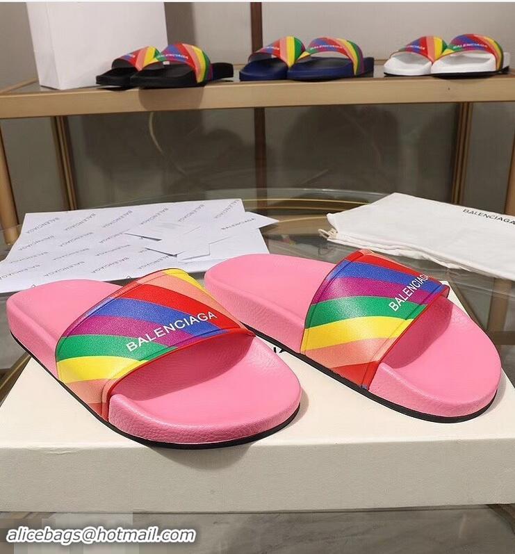 Promotion Balenciaga Rainbow Logo Slides Sandals B95707 Pink