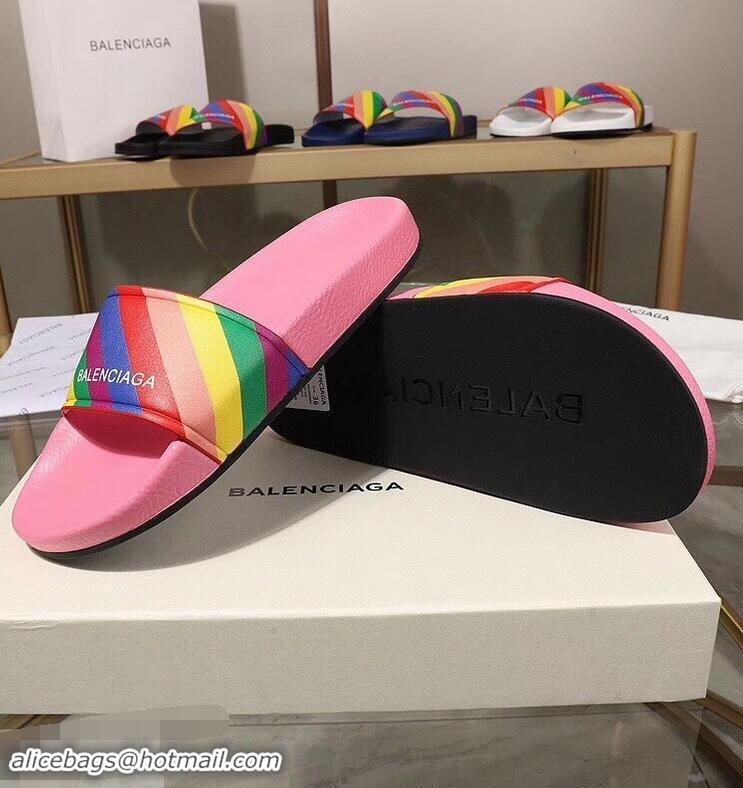 Promotion Balenciaga Rainbow Logo Slides Sandals B95707 Pink