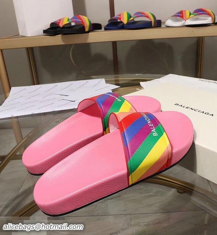 Promotion Balenciaga Rainbow Logo Slides Sandals B95707 Pink