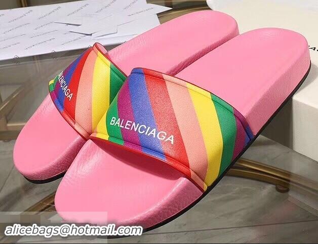 Promotion Balenciaga Rainbow Logo Slides Sandals B95707 Pink