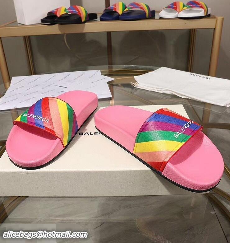 Promotion Balenciaga Rainbow Logo Slides Sandals B95707 Pink