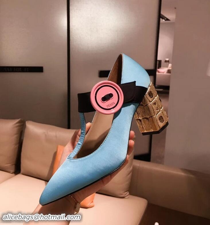 Cheapest Prada Embellishment Heel Button Pumps P93301 Sky Blue 2019