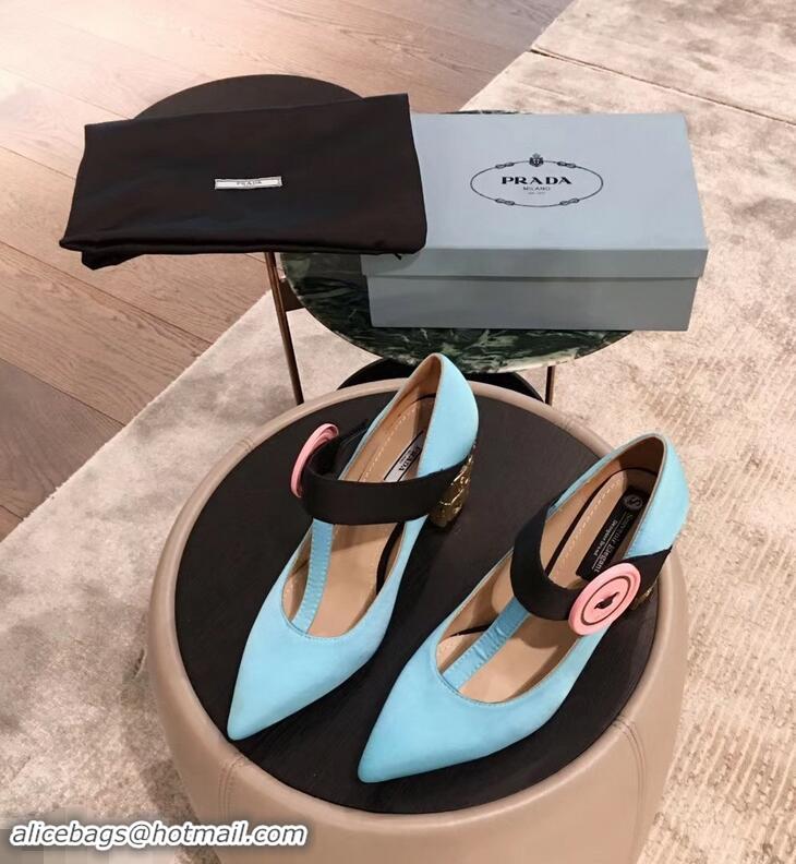 Cheapest Prada Embellishment Heel Button Pumps P93301 Sky Blue 2019