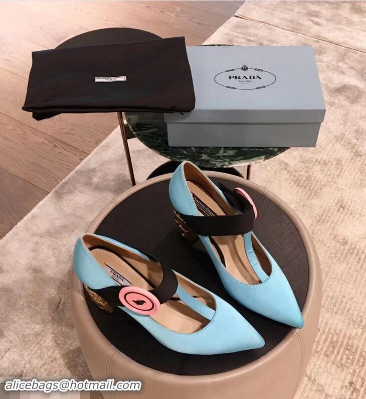 Cheapest Prada Embellishment Heel Button Pumps P93301 Sky Blue 2019