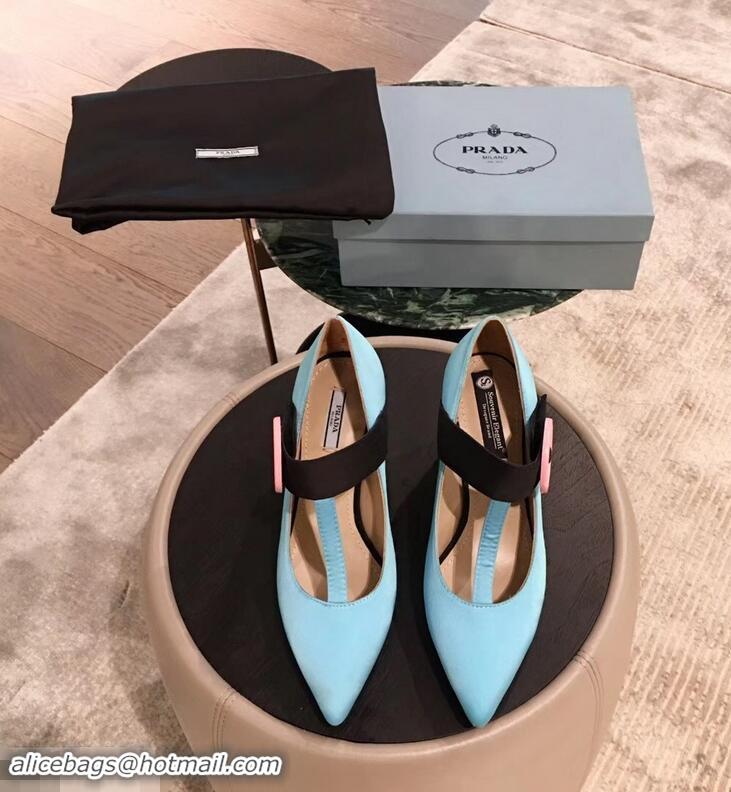 Cheapest Prada Embellishment Heel Button Pumps P93301 Sky Blue 2019