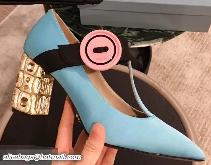 Cheapest Prada Embellishment Heel Button Pumps P93301 Sky Blue 2019