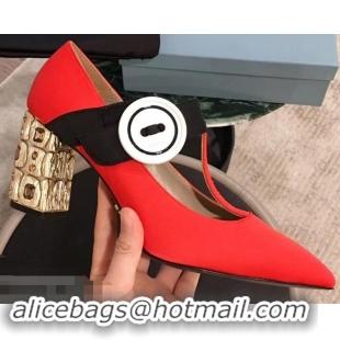 Imitation Prada Embellishment Heel Button Pumps P93301 Red 2019