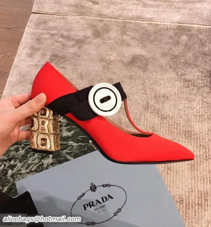 Imitation Prada Embellishment Heel Button Pumps P93301 Red 2019