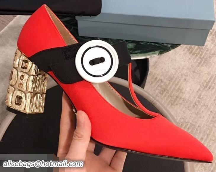 Imitation Prada Embellishment Heel Button Pumps P93301 Red 2019