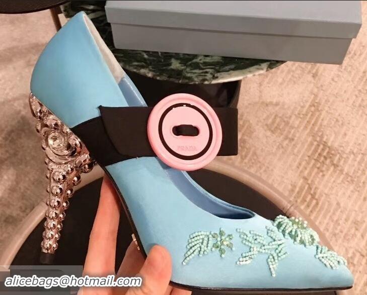 Buy Cheap Prada Beaded Embellishment Mary Jane Pumps P93304 Sky Blue 2019