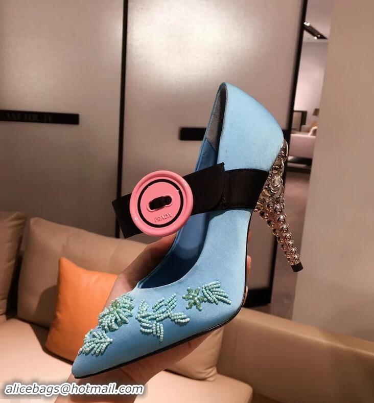 Buy Cheap Prada Beaded Embellishment Mary Jane Pumps P93304 Sky Blue 2019