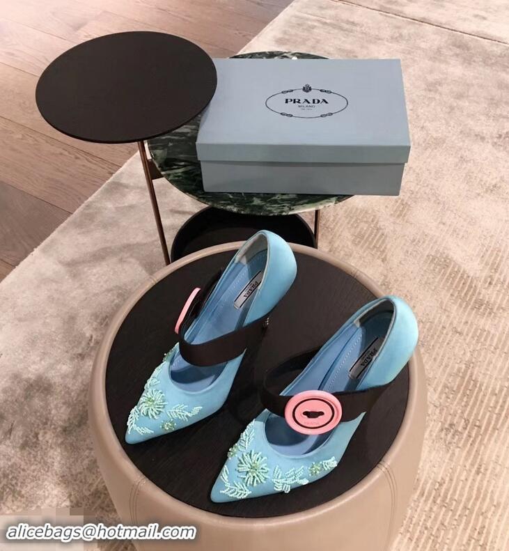 Buy Cheap Prada Beaded Embellishment Mary Jane Pumps P93304 Sky Blue 2019