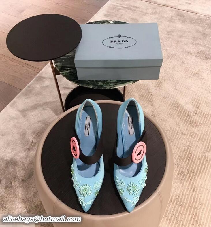 Buy Cheap Prada Beaded Embellishment Mary Jane Pumps P93304 Sky Blue 2019