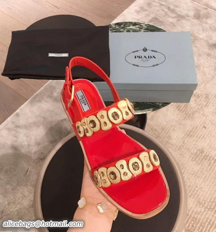 Hot Sell Prada Beaded Embellishment Sandals P93307 Red 2019